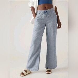ATHLETA 99% LINEN  Chambray Blue RETREAT Slit WIDE LEG Pants Sz 6